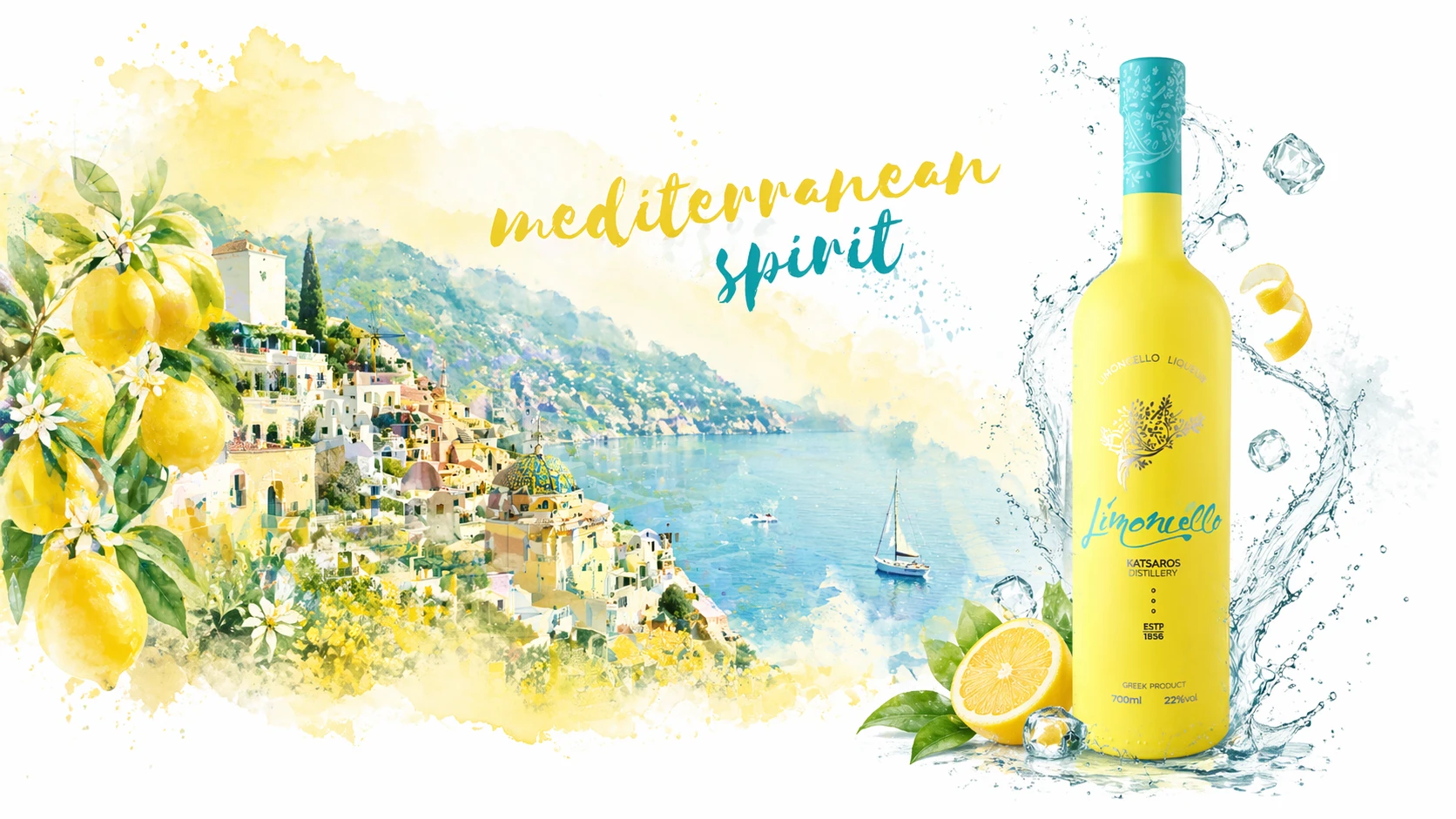 Banner για το Limoncello της Katsaros Distillery με ακουαρέλα μεσογειακής ακτής