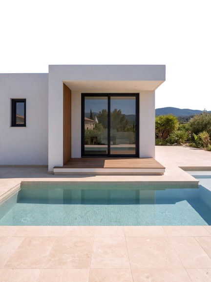 A white modern house with a timber panel, black-framed glazing and a swimming pool on beige stone paving
