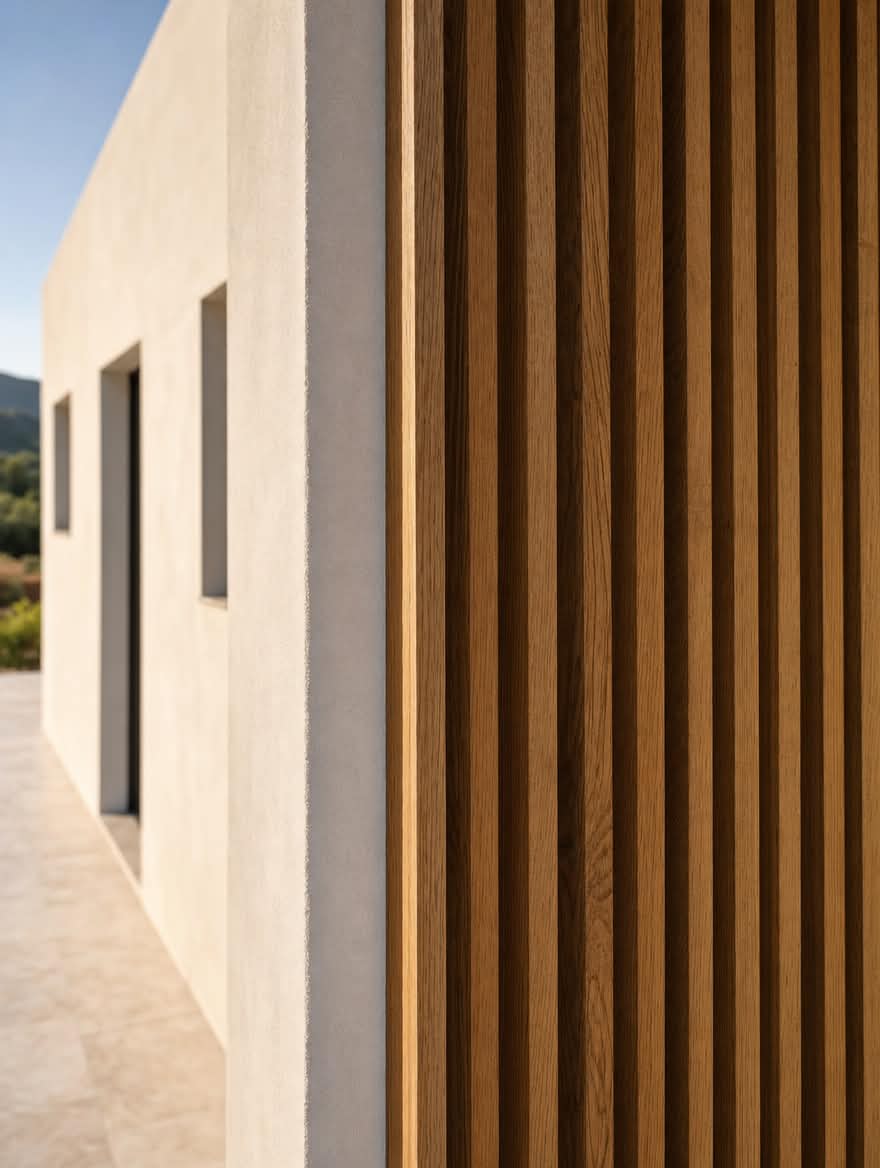 Close-up of a rendered wall and vertical timber slats on a house, with a mountain view