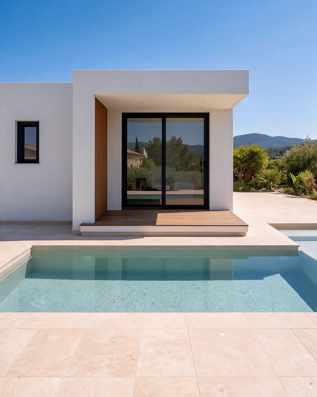 Modern white villa with black-framed sliding doors, a timber deck and a turquoise mosaic pool under a clear blue sky