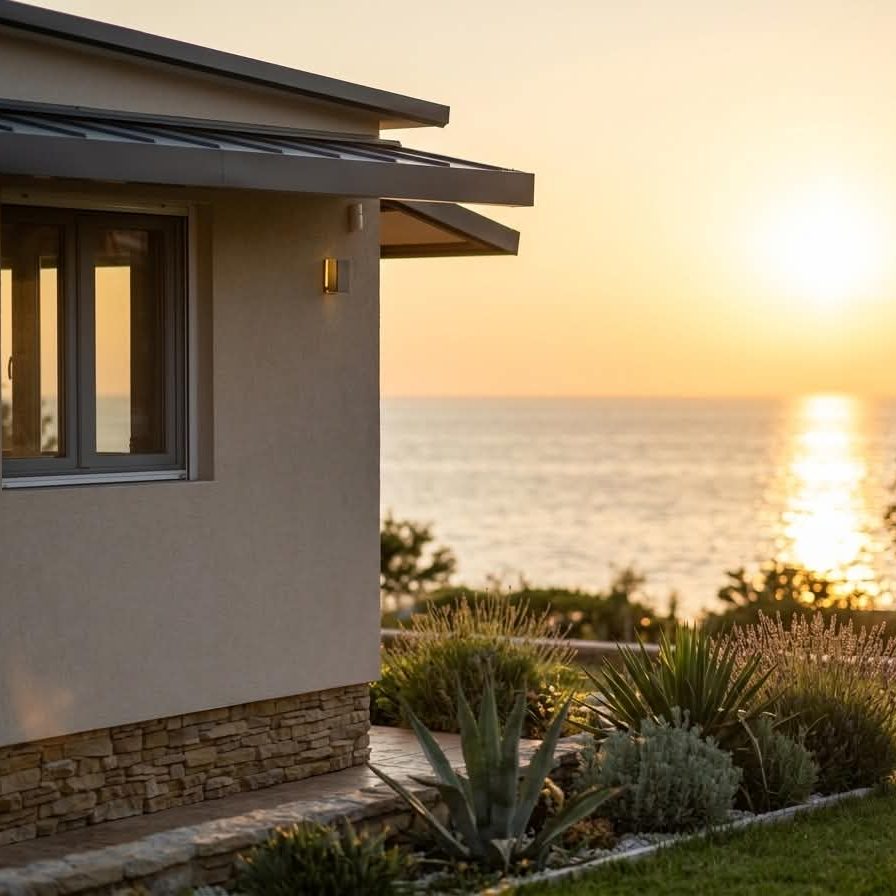 Sea-view house with a stone plinth, metal roof and Mediterranean garden at sunset
