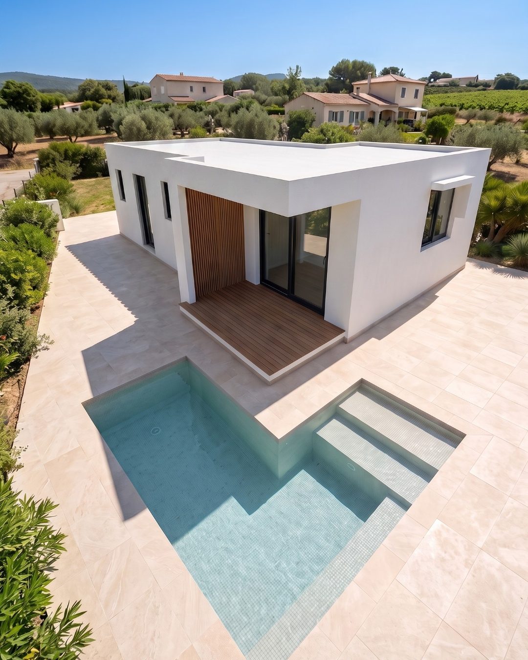Aerial drone view of a flat-roof modern home with an L-shaped pool and timber deck, surrounded by olive groves and vineyards