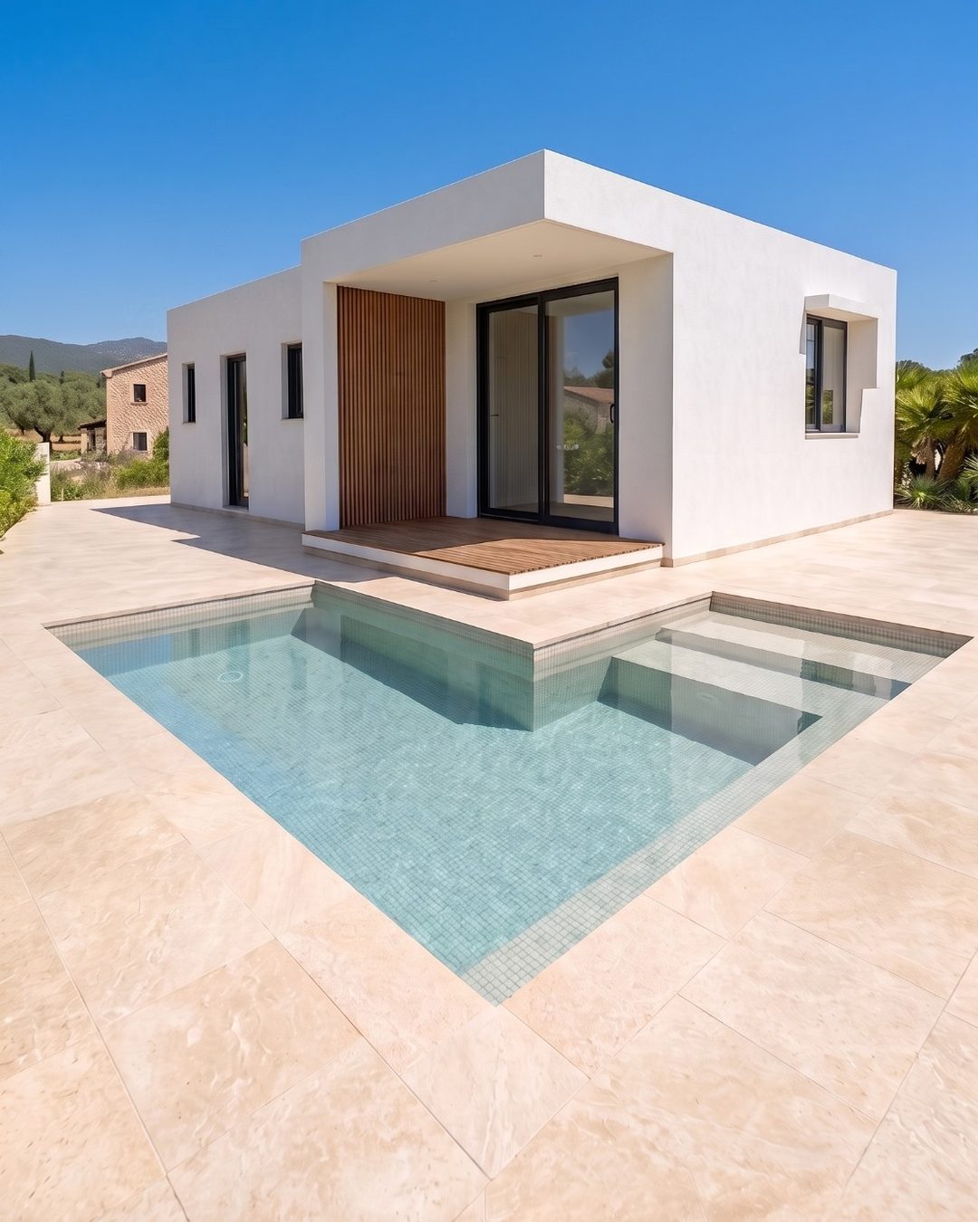Minimalist white single-storey home with vertical timber cladding, a covered deck and a stepped mosaic pool set in cream stone paving